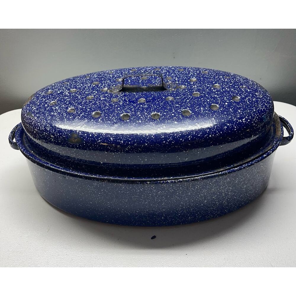 Granite Ware Medium Roasting Pan with Lid 17” X 7” Oval Blue Speckled Domed Lid